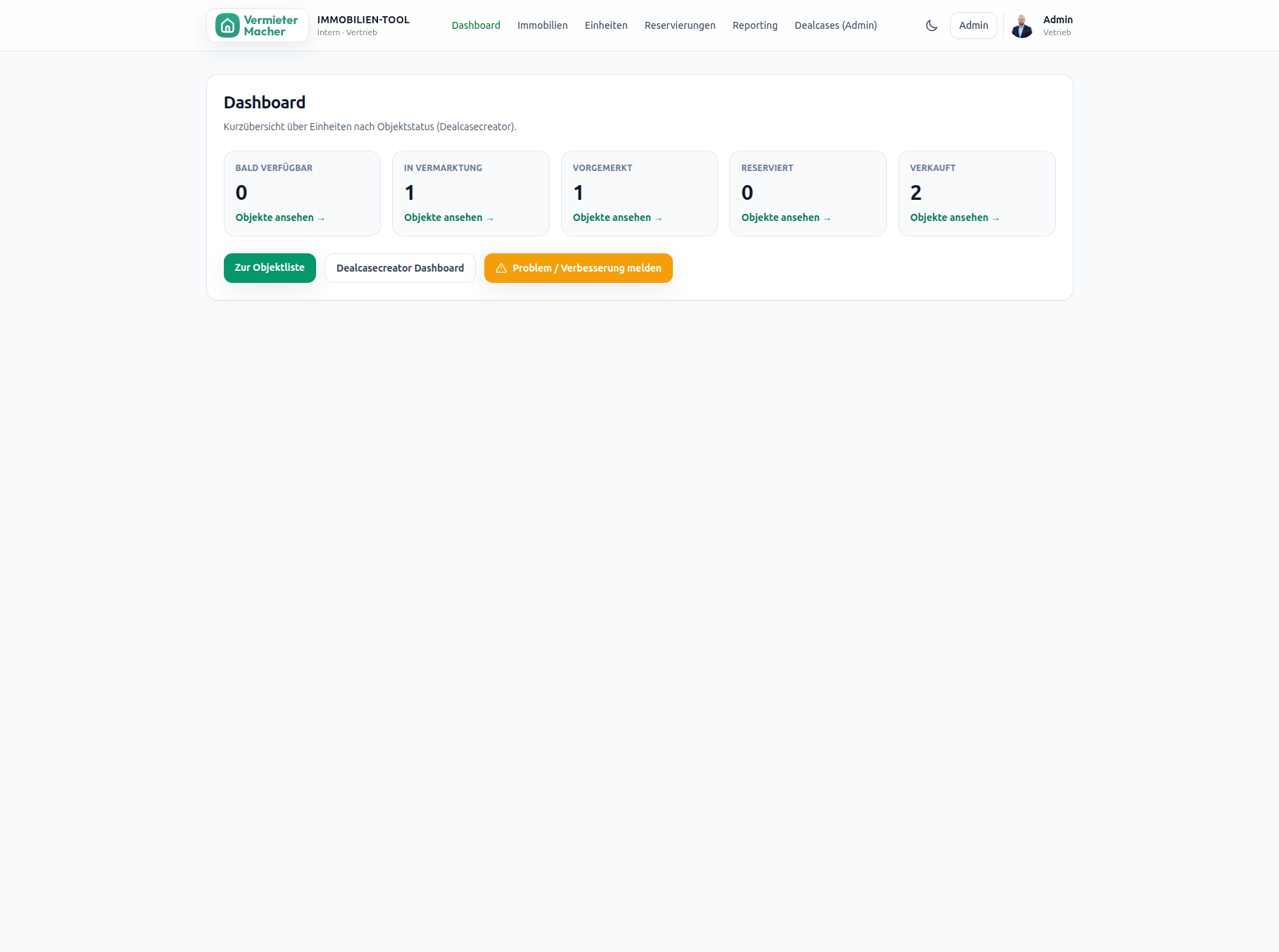 Vermietermacher – Vertriebs- & Exposé-Tool für Anlageimmobilien – Pipeline-Dashboard