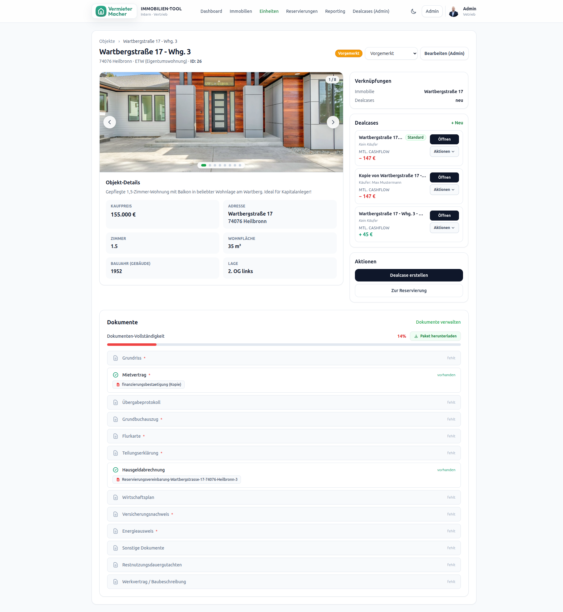 Vermietermacher – Vertriebs- & Exposé-Tool für Anlageimmobilien – Einheit-Detail mit Dokumenten-Vollständigkeit