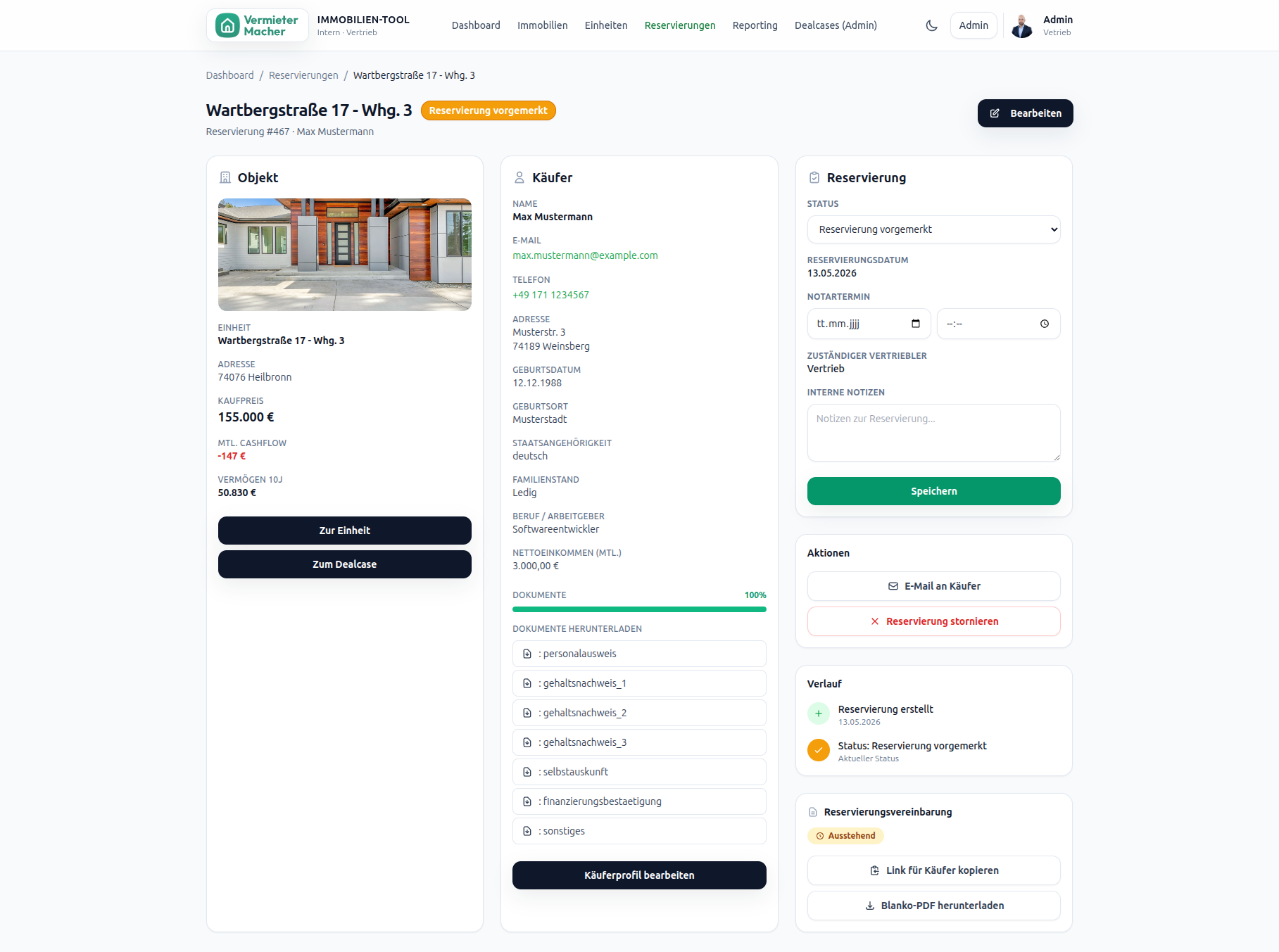 Vermietermacher – Vertriebs- & Exposé-Tool für Anlageimmobilien – Reservierungs-Workflow