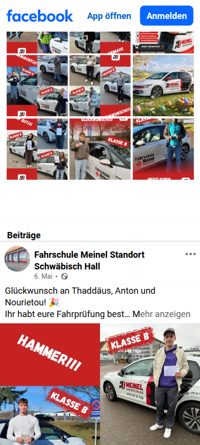 Beitragsübersicht auf der Facebook-Seite der Fahrschule Meinel