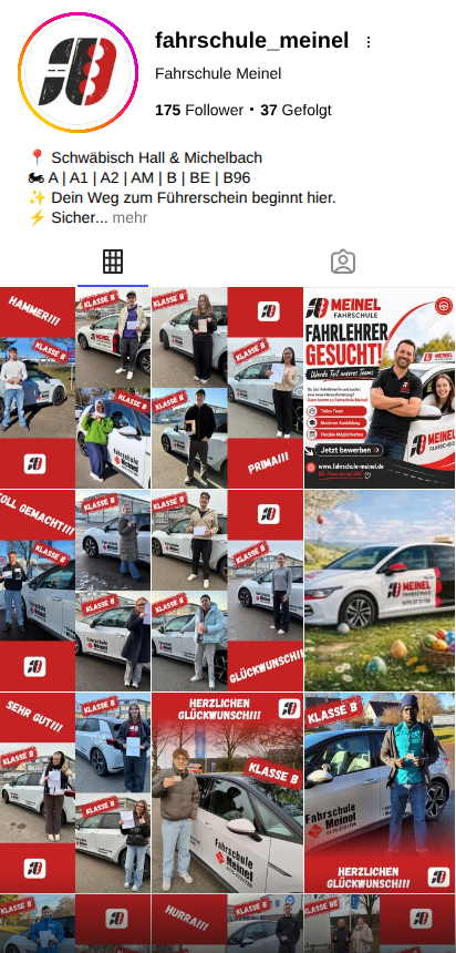 Instagram-Profil der Fahrschule Meinel mit Logo, Bio und Beiträge-Grid
