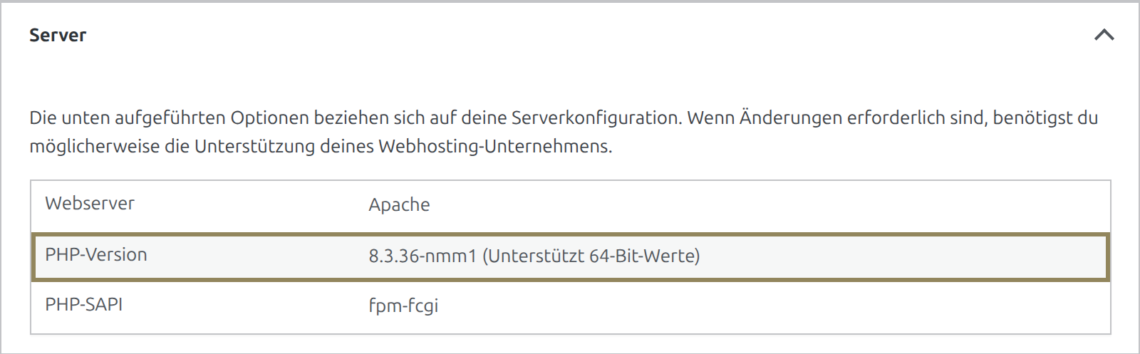 WordPress unter Werkzeuge, Website-Zustand, Bericht, Abschnitt Server: PHP-Version 8.3.36-nmm1